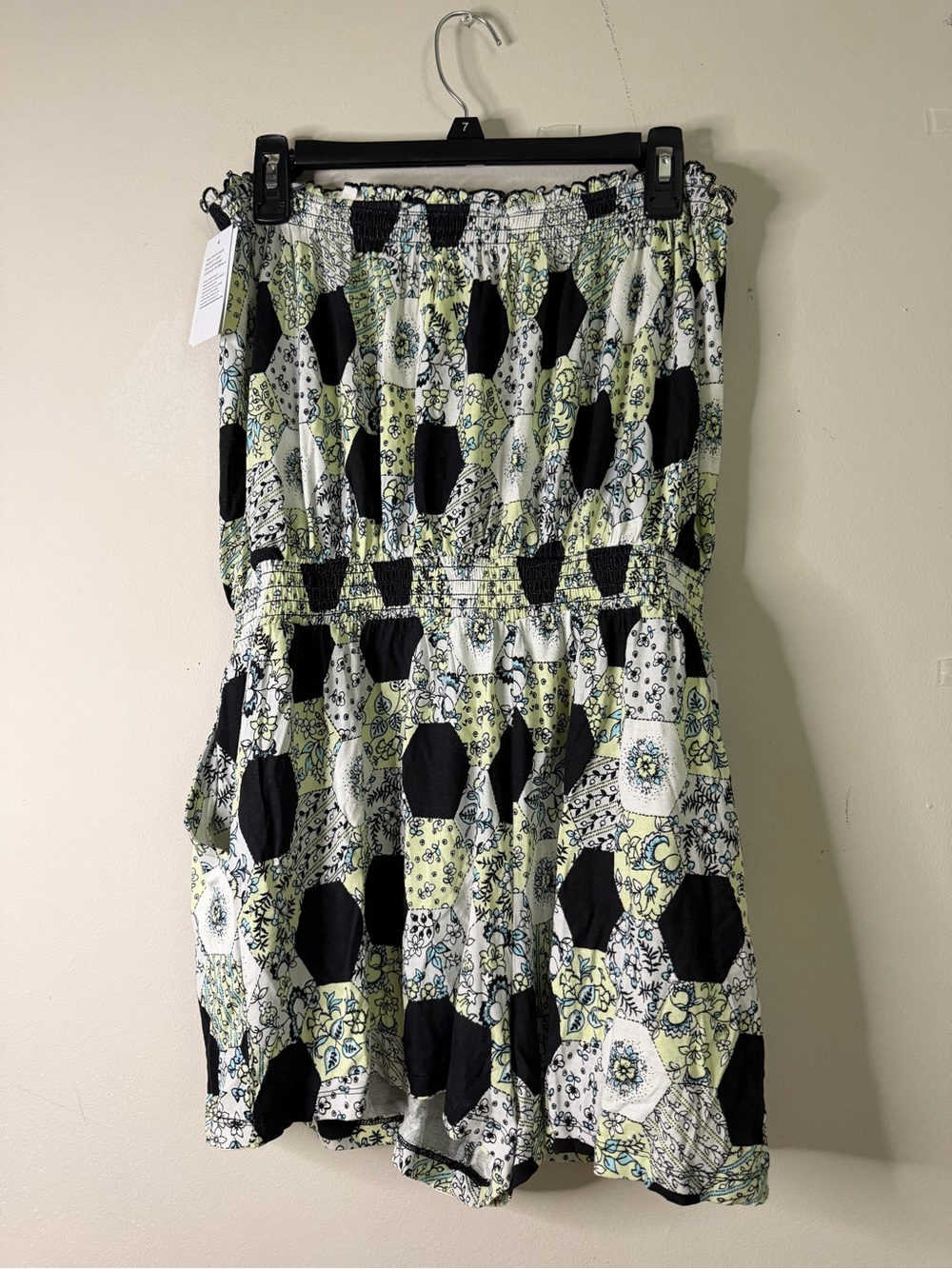 Printed Strapless Romper in Black, White & Lime